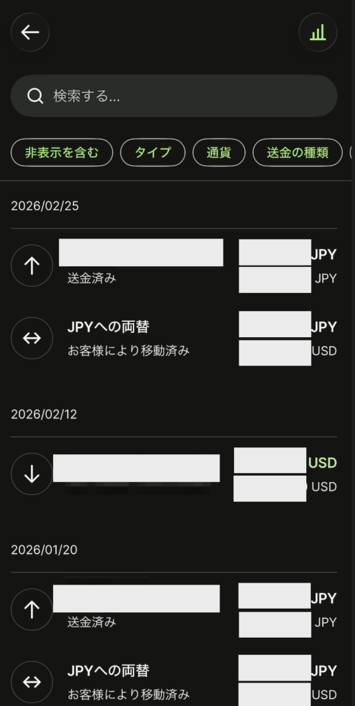 Wiseの両替・送金履歴の画面